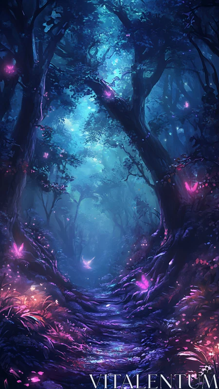 Bioluminescent Forest Path with Glowing Flora.