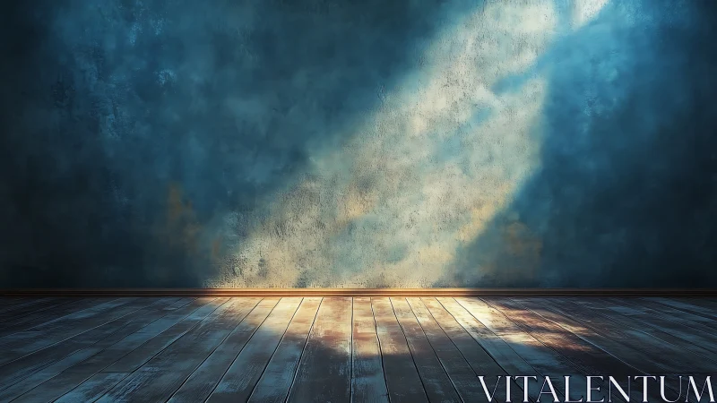 Sunlit beam across textured blue wall and wood floor.
