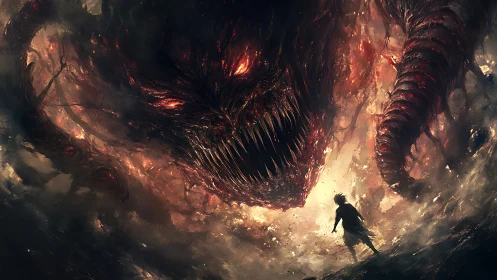 Child confronts colossal demonic void beast in storming maw.