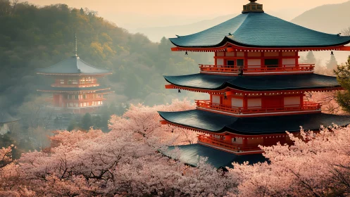Tiered pagodas amid cherry blossoms in hilly landscape.