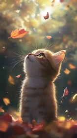 Cat Observing Falling Autumn Leaves.