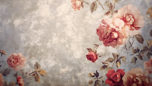 Vintage roses bloom softly against a weathered pastel sky