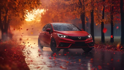 Red compact car on wet autumn road among trees at dusk.