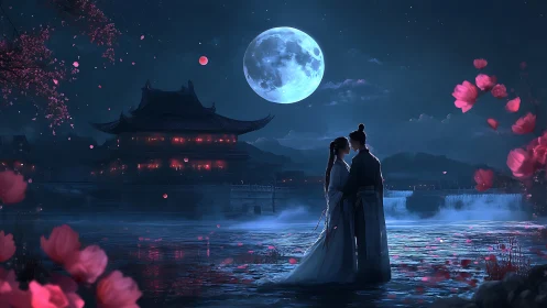 Moonlit Pagoda Romance: Full Moon Celestial Silhouette Composition
