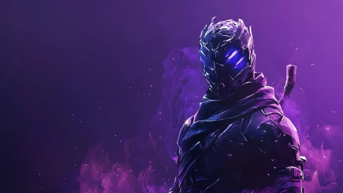 Shadow-forged cyber ninja amid glowing violet flames.