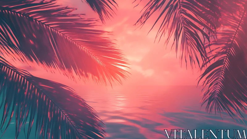 Neon tropical sunset silhouettes bold palm frond canopy.