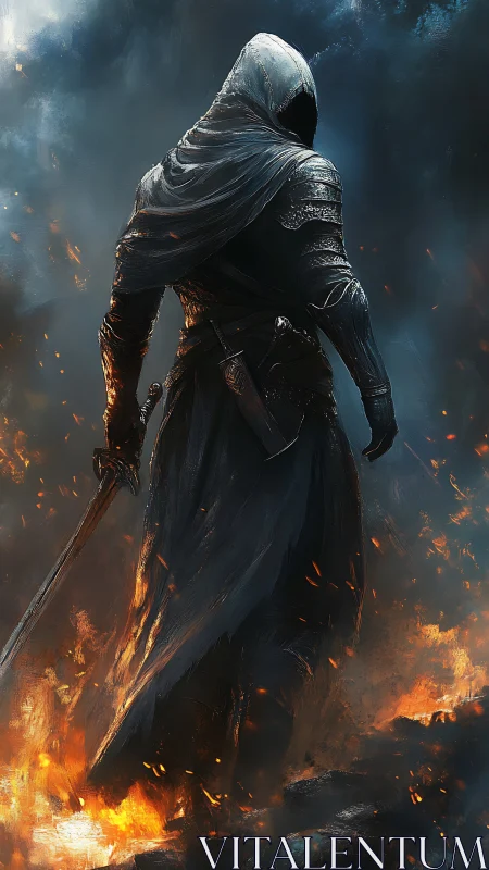 Hooded warrior strides through burning battlefield ruins.