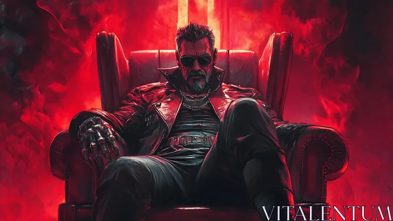 Cybernetic outlaw lounges like a king in molten neon smoke