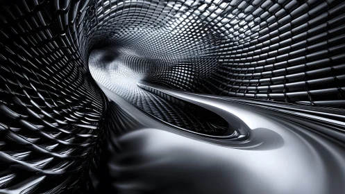 Futuristic metallic tunnel with fluid forms in abstract digital style.