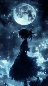 Moonlit silhouette girl drifting through star-drenched clouds.