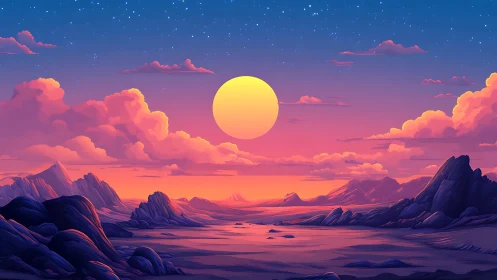 Stylized alien desert landscape under large setting sun.