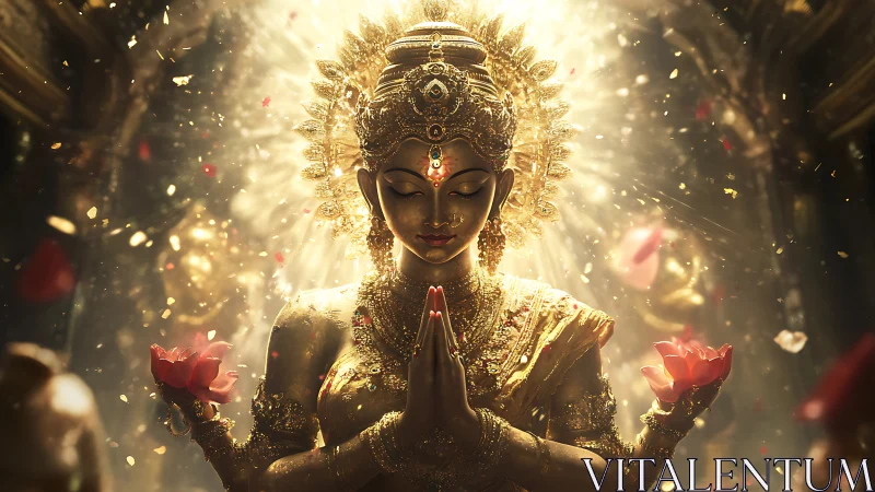 Golden lotus goddess in radiant devotional lightscape.