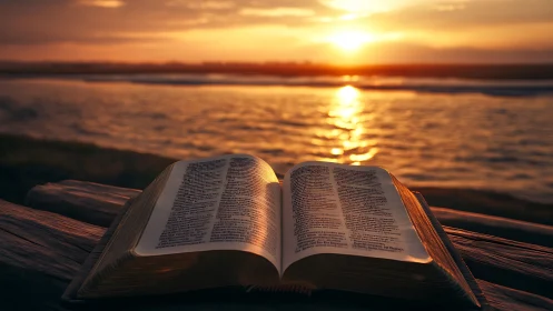 Sunlit scripture resting by the glowing shoreline hush.