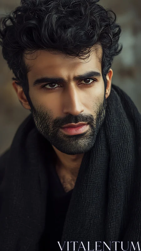 Cinematic male portrait with textured scarf and moody light.