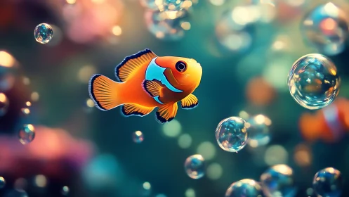 Vibrant clownfish among glowing underwater bubbles.