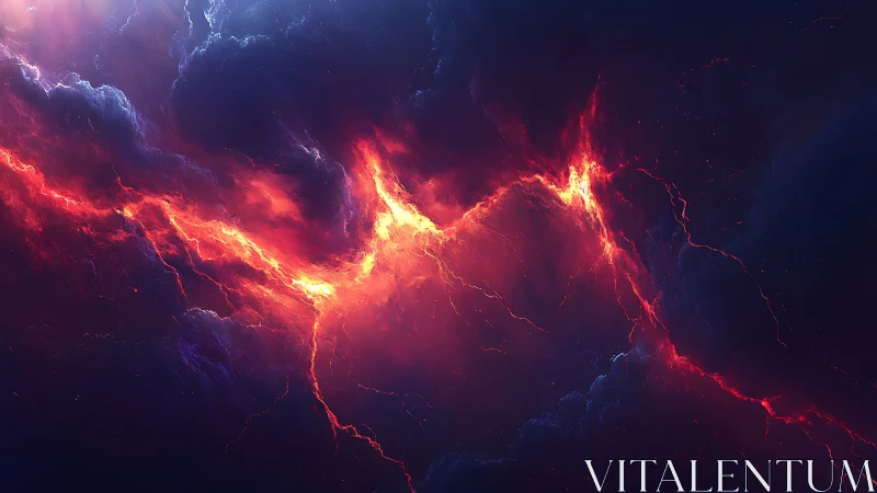 Fiery cosmic rift tears through stormy nebula clouds.