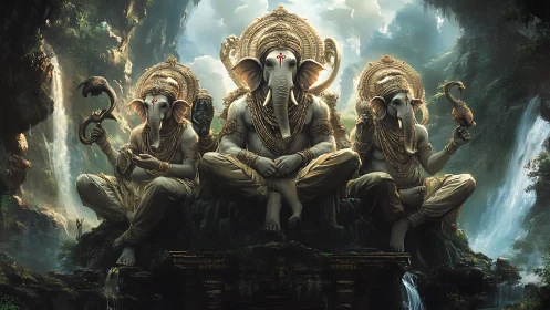 Triptych of Ganesha deities in ornate jungle shrine composition