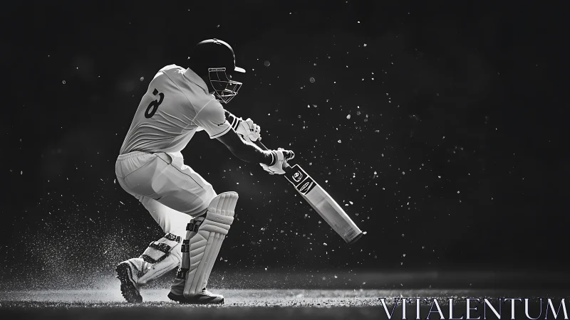 Right-handed cricket batter drives ball through flying sparks