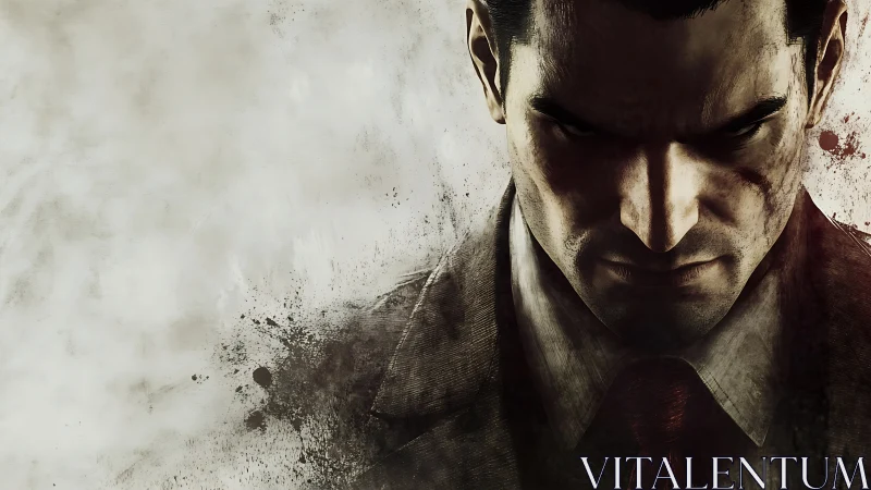 Brooding suited antihero amid grunge-stained void.