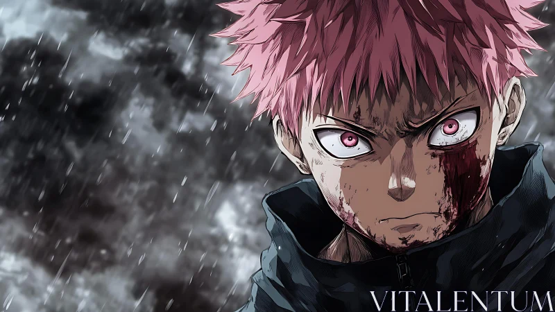 Bloodied pink‑haired fighter under storm rain glare.