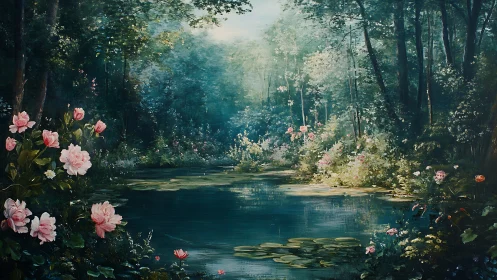 Floral pond within dense woodland under soft daylight.