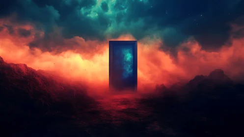 Central portal structure bisects turbulent nebula-lit volcanic terrain