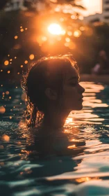 Silhouette swimmer glows in golden backlit sunset water