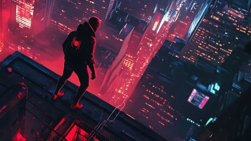 Rooftop hero quietly surveys a neon soaked futuristic city