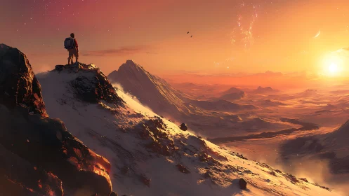 Solitary astronaut on snow ridge above orange alien desert