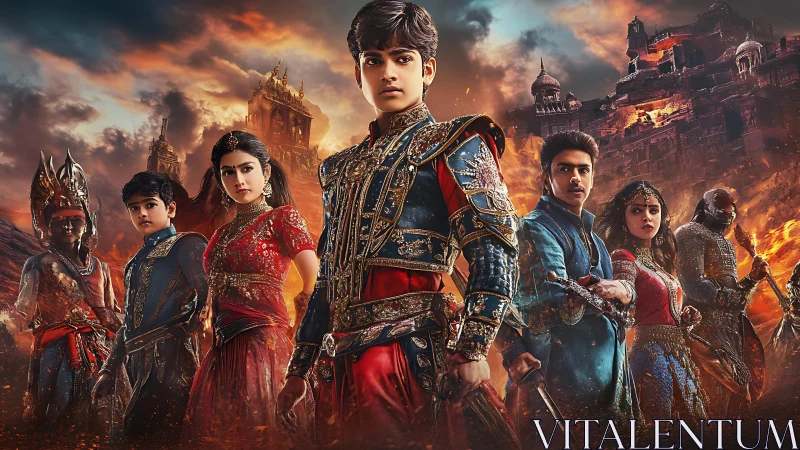 Young fantasy heroes stand united against a fiery realm.