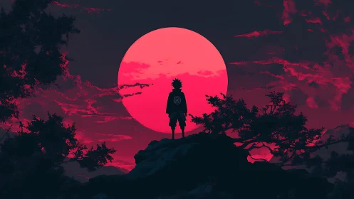 Lone anime warrior contemplates a vast neon crimson moon