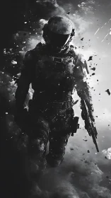 Armored space soldier strides through burning debris field