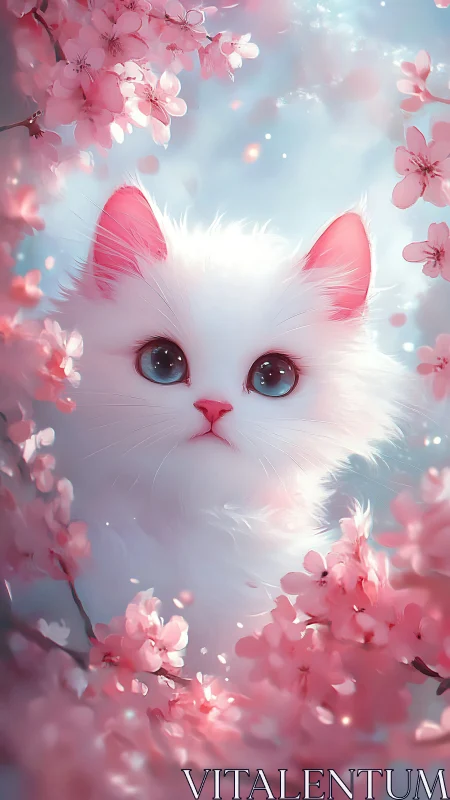 White Feline with Turquoise Eyes Amid Blossoming Cherry Flora.