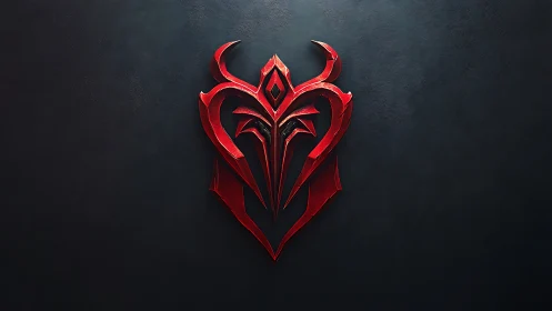 Crimson angular demon crest emblem on dark textured backdrop