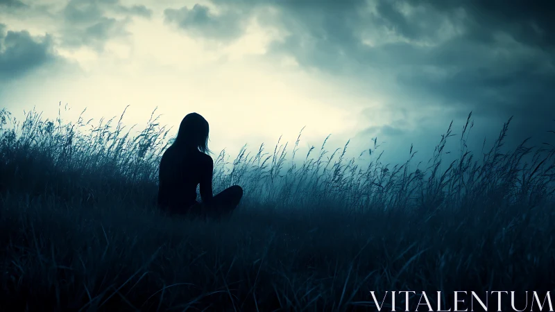 Silhouette of seated person in tall grass at dusk.
