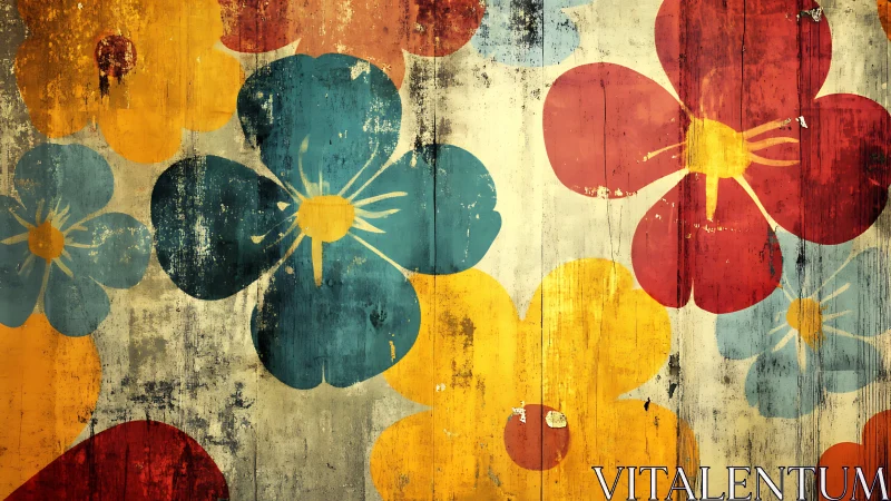 Sunny painted flowers brighten a timeworn rustic wall