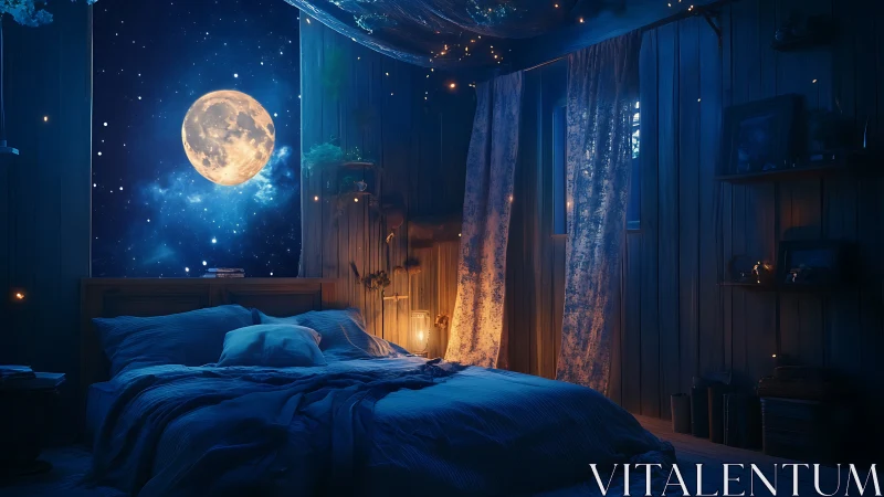 Moonlit bedroom quietly sails into a private midnight galaxy