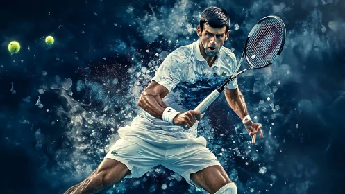 High-intensity tennis forehand rendered in dynamic digital vapor.