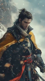 Stormlit wanderer wrapped in wind, steel, and quiet resolve.