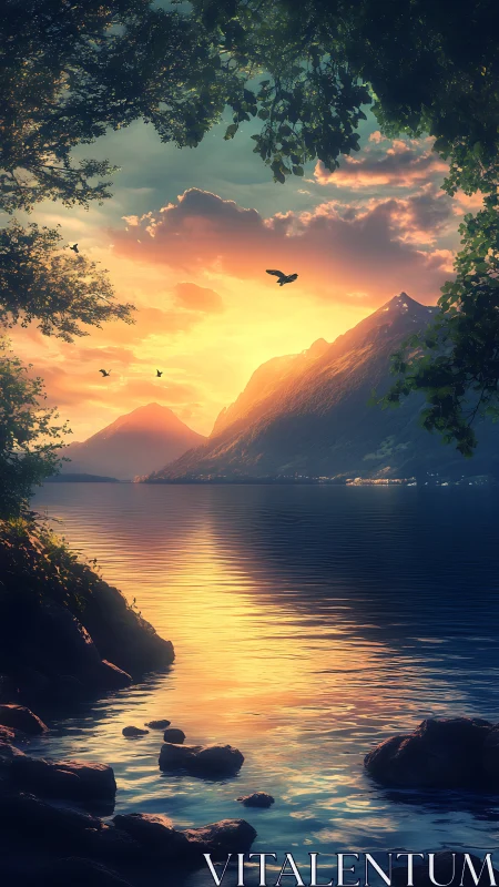 Sunset over calm mountain lake framed by forest shore.