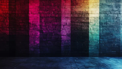 Chromatic gradient light bands across textured brick wall plane