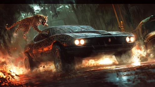 High-Performance Sedan Under Predatory Attack in Rain, Render.