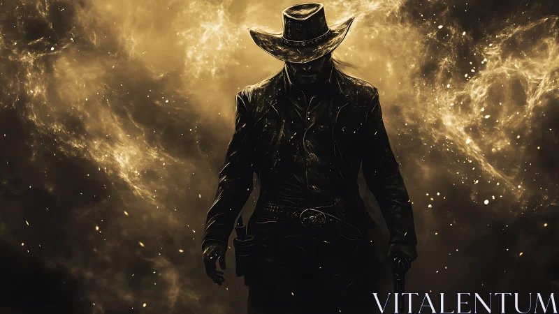 Cosmic cowboy drifting through embers of a starry dusk.