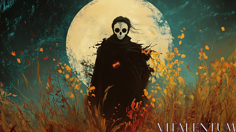 Grim reaper figure before harvest moon in fiery field.
