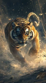 Tiger in dynamic forward motion through dust and debris.