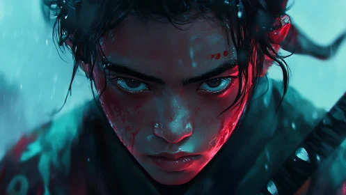 Bloodlit samurai warrior portrait under cold rainstorm.