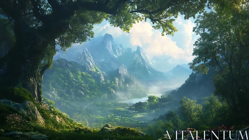 Mountain valley vista framed by dense forest canopy