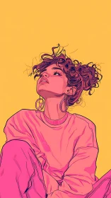 Vibrant line-art portrait of seated woman in pink on yellow