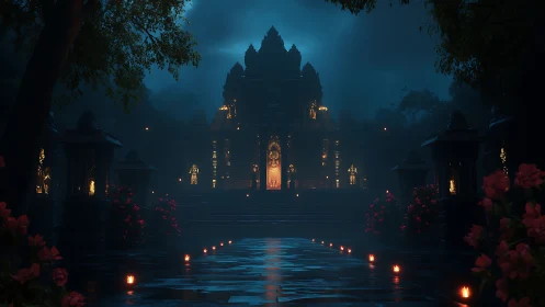 Night temple courtyard shows illuminated central shrine entrance