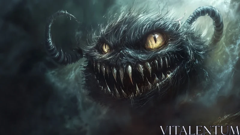 Nightmarish furry monster with glowing eyes and fanged grin.